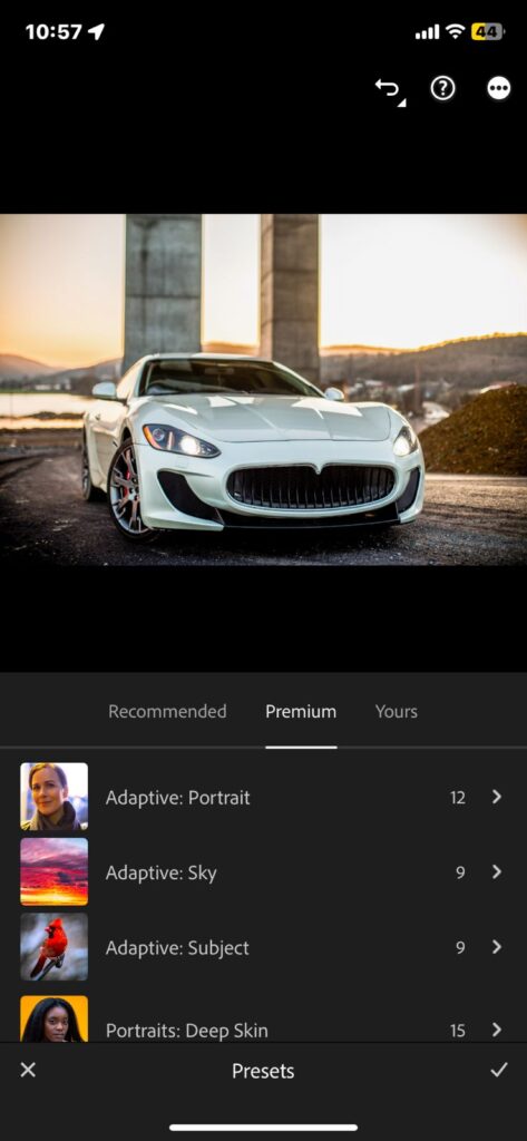 Applying Lightroom Presets on car image on iPhone