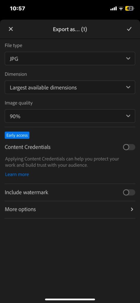 Export settings on Adobe Lighroom mobile