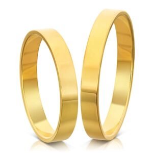 Two polished plain gold wedding bands on a white background.