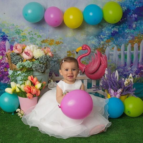 baby white dress pink balloon grass before image