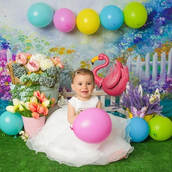 baby white dress pink balloon grass