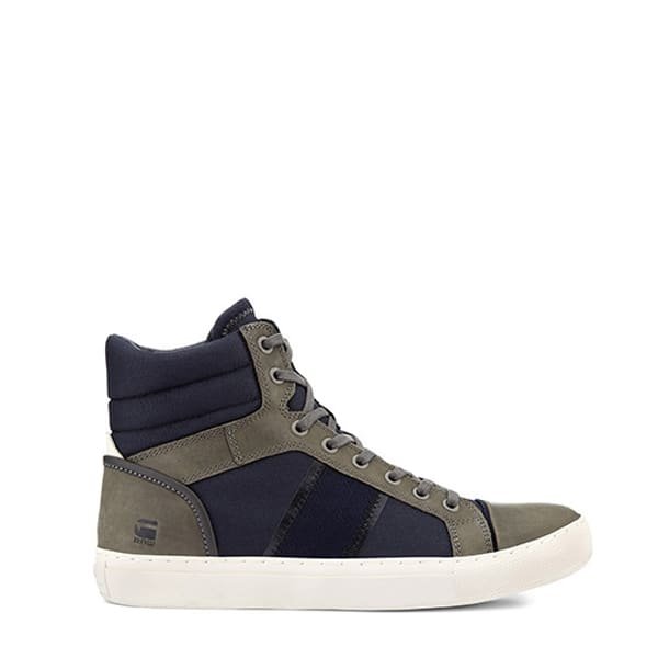 High-top sneaker in olive green and navy blue with white sole and padded ankle support.
