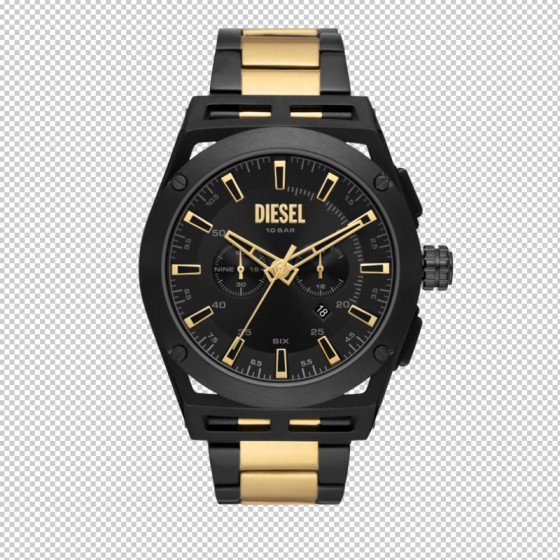 Diesel wristwatch with black dial, gold markers, chronograph sub-dials, and black-gold metal strap