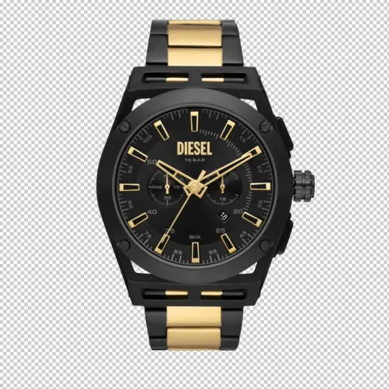 Diesel wristwatch with black and gold stainless steel band, black dial, three subdials, and date window.