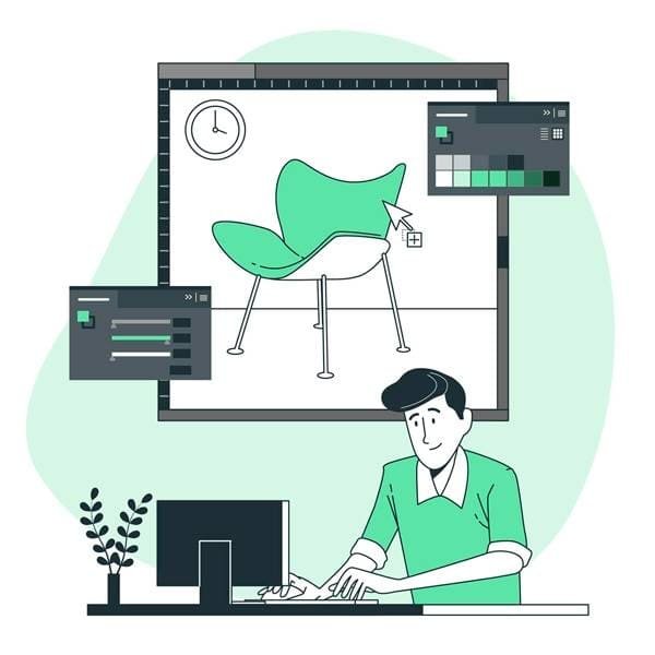 Person working on computer with design software displaying a digital chair model and editing panels.