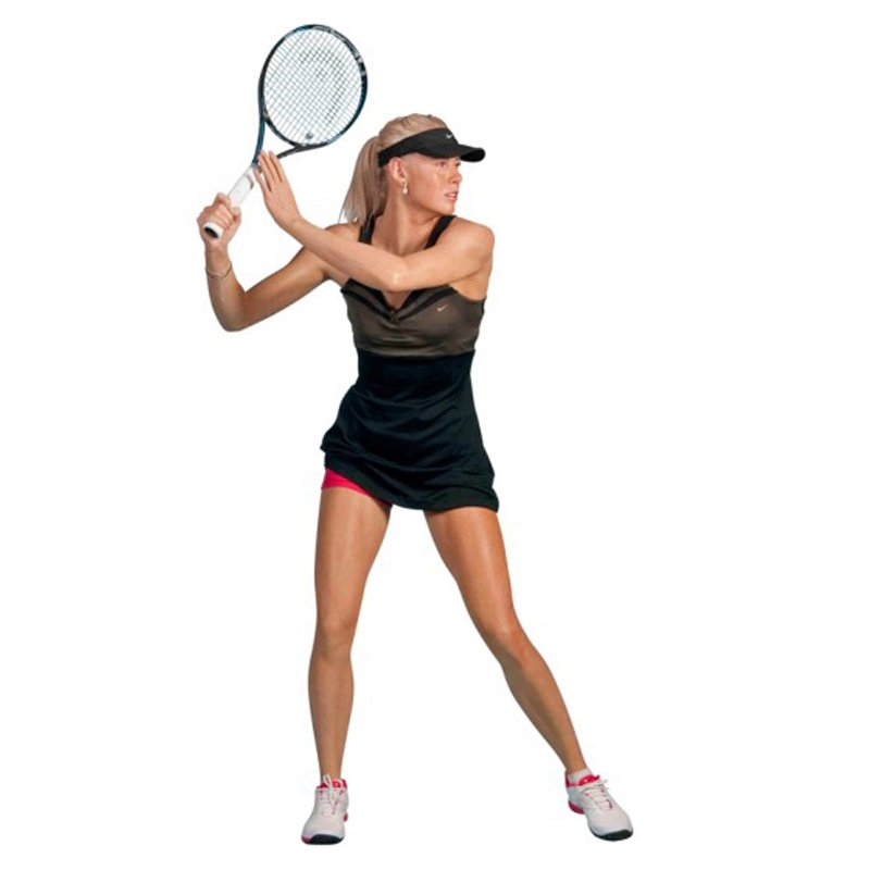 Female tennis player in black dress and visor preparing to hit a backhand shot with racket.
