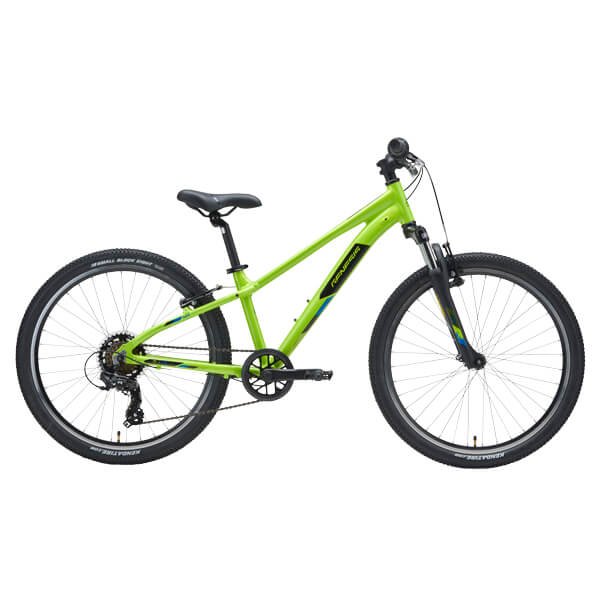Green mountain bike with front suspension, knobby tires, black saddle, and rear gears.