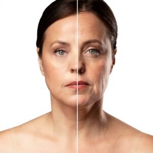 Split-face image shows one side youthful and smooth, the other aged with wrinkles and sagging skin.