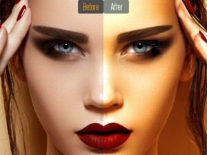 Close-up of a woman's face split in half showing before and after makeup application effects.