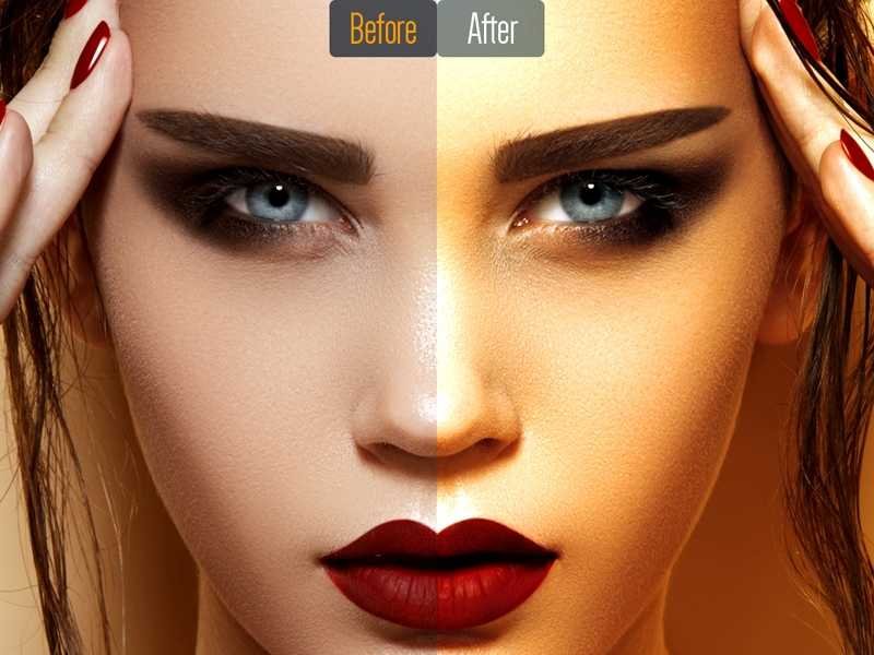 Close-up of a woman's face split in half showing before and after makeup application effects.