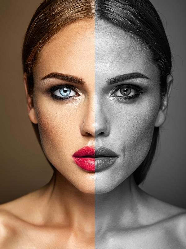 Woman's face split vertically showing left side in color and right side in black and white.