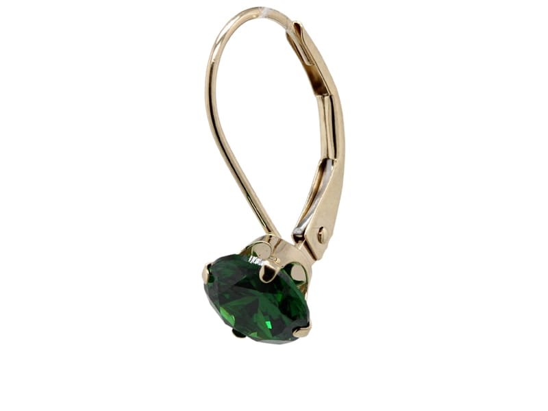 Gold-toned lever-back earring with a faceted dark green oval gemstone secured by four prongs.
